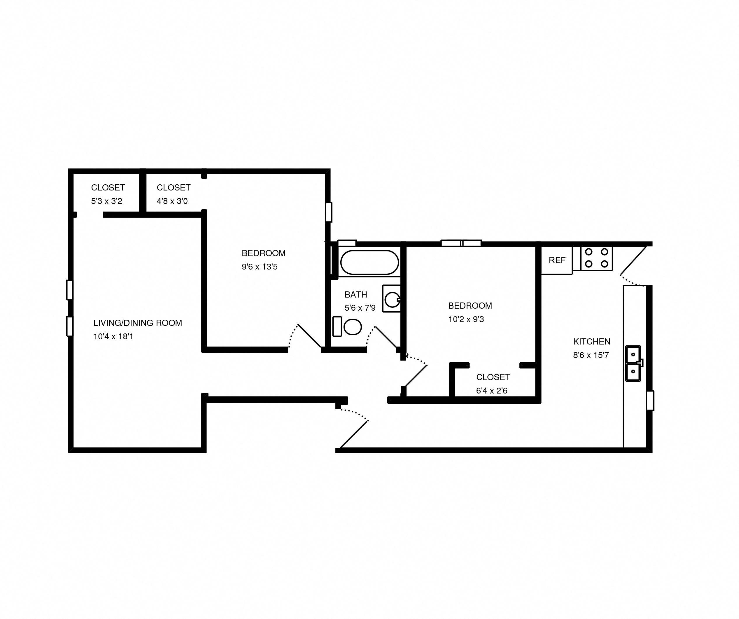Floor plan for 2 beds, 1 bath, 800 sqft